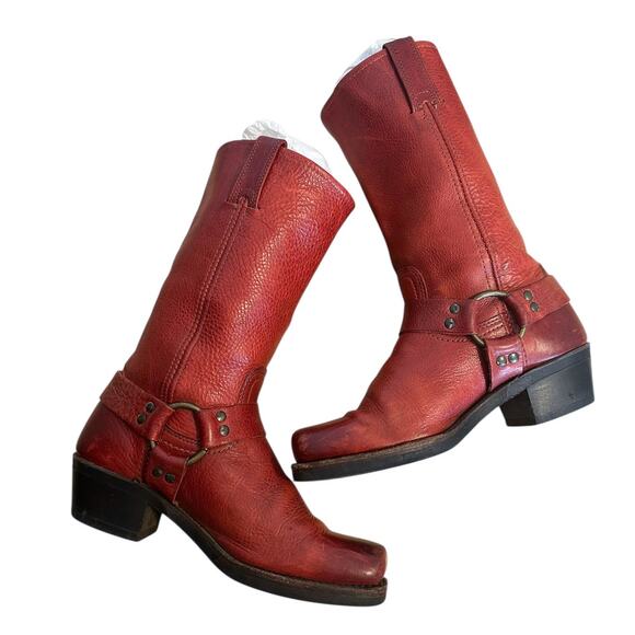 Frye Vintage Red Leather Square Toe Harness Boots Size 8 - Picture 11 of 12